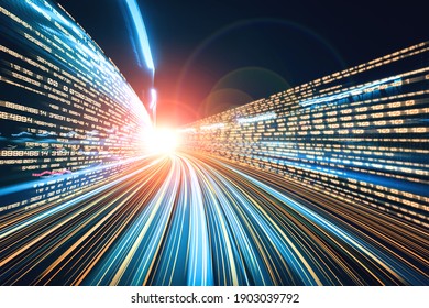 Digital data flow on road with motion blur to create vision of fast speed transfer . Concept of future digital transformation , disruptive innovation and agile business methodology . - Shutterstock ID 1903039792