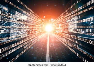 Digital Data Flow On Road With Motion Blur To Create Vision Of Fast Speed Transfer . Concept Of Future Digital Transformation , Disruptive Innovation And Agile Business Methodology .