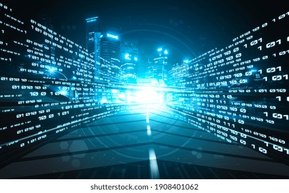 Digital data flow on road with motion blur to create vision of fast speed transfer . Concept of future digital transformation , disruptive innovation and agile business methodology .