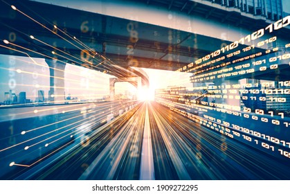 Digital data flow on road with motion blur to create vision of fast speed transfer . Concept of future digital transformation , disruptive innovation and agile business methodology . - Shutterstock ID 1909272295