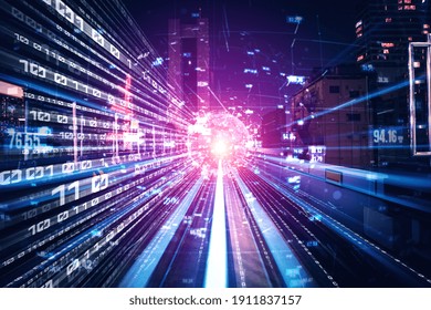Digital data flow on road with motion blur to create vision of fast speed transfer . Concept of future digital transformation , disruptive innovation and agile business methodology .
