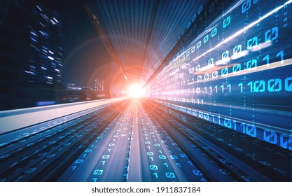 Digital Data Flow On Road With Motion Blur To Create Vision Of Fast Speed Transfer . Concept Of Future Digital Transformation , Disruptive Innovation And Agile Business Methodology .