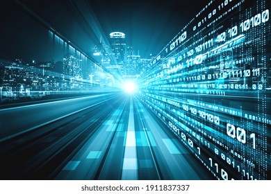 Digital data flow on road with motion blur to create vision of fast speed transfer . Concept of future digital transformation , disruptive innovation and agile business methodology .