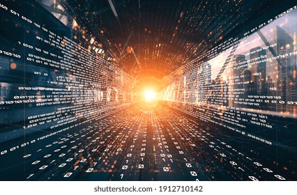Digital data flow on road with motion blur to create vision of fast speed transfer . Concept of future digital transformation , disruptive innovation and agile business methodology .
