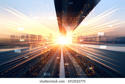 Digital data flow on road with motion blur to create vision of fast speed transfer . Concept of future digital transformation , disruptive innovation and agile business methodology . - Shutterstock ID 1913532775