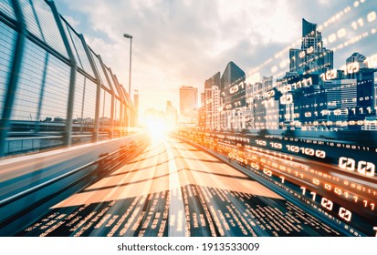 Digital data flow on road with motion blur to create vision of fast speed transfer . Concept of future digital transformation , disruptive innovation and agile business methodology .