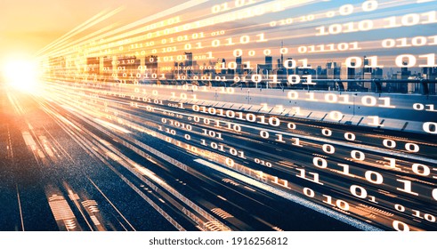 Digital Data Flow On Road With Motion Blur To Create Vision Of Fast Speed Transfer . Concept Of Future Digital Transformation , Disruptive Innovation And Agile Business Methodology .