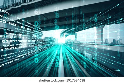 Digital Data Flow On Road With Motion Blur To Create Vision Of Fast Speed Transfer . Concept Of Future Digital Transformation , Disruptive Innovation And Agile Business Methodology .