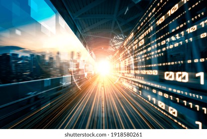 Digital Data Flow On Road With Motion Blur To Create Vision Of Fast Speed Transfer . Concept Of Future Digital Transformation , Disruptive Innovation And Agile Business Methodology .