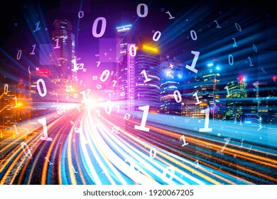 Digital data flow on road with motion blur to create vision of fast speed transfer . Concept of future digital transformation , disruptive innovation and agile business methodology .