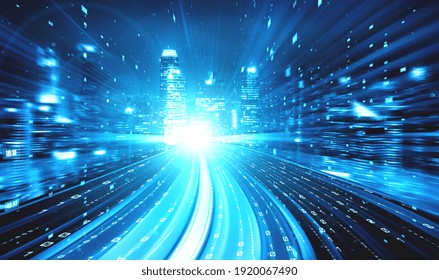 Digital Data Flow On Road With Motion Blur To Create Vision Of Fast Speed Transfer . Concept Of Future Digital Transformation , Disruptive Innovation And Agile Business Methodology .