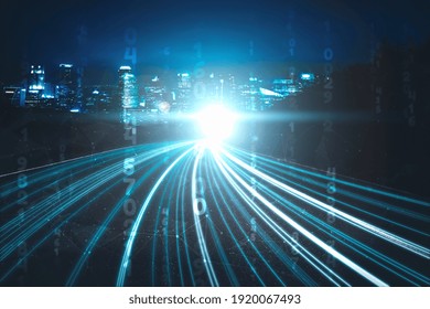 Digital data flow on road with motion blur to create vision of fast speed transfer . Concept of future digital transformation , disruptive innovation and agile business methodology .