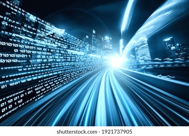 Digital data flow on road with motion blur to create vision of fast speed transfer . Concept of future digital transformation , disruptive innovation and agile business methodology .