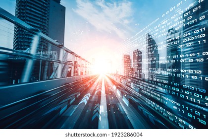 Digital data flow on road with motion blur to create vision of fast speed transfer . Concept of future digital transformation , disruptive innovation and agile business methodology .