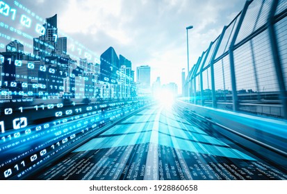 Digital data flow on road with motion blur to create vision of fast speed transfer . Concept of future digital transformation , disruptive innovation and agile business methodology .