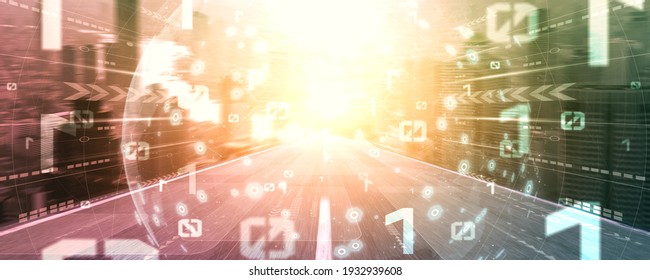 Digital data flow on road with motion blur to create vision of fast speed transfer . Concept of future digital transformation , disruptive innovation and agile business methodology .