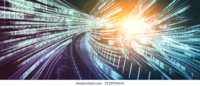 Digital data flow on road with motion blur to create vision of fast speed transfer . Concept of future digital transformation , disruptive innovation and agile business methodology .