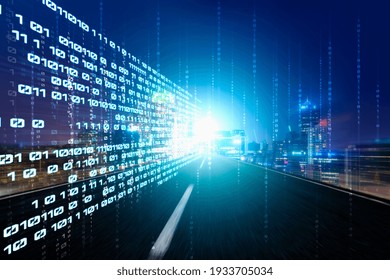 Digital data flow on road with motion blur to create vision of fast speed transfer . Concept of future digital transformation , disruptive innovation and agile business methodology .