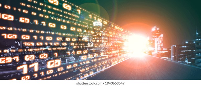 Digital data flow on road with motion blur to create vision of fast speed transfer . Concept of future digital transformation , disruptive innovation and agile business methodology .