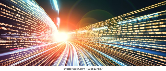 Digital data flow on road with motion blur to create vision of fast speed transfer . Concept of future digital transformation , disruptive innovation and agile business methodology . - Shutterstock ID 1968137857