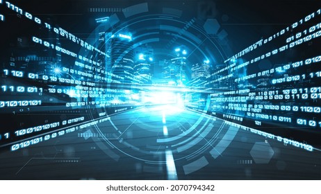 Digital data flow on road in concept of cyber global communication and coding with graphic creating vision of fast speed transfer to show agile digital transformation , disruptive innovation .
