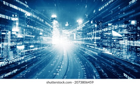 Digital Data Flow On Road In Concept Of Cyber Global Communication And Coding With Graphic Creating Vision Of Fast Speed Transfer To Show Agile Digital Transformation , Disruptive Innovation .