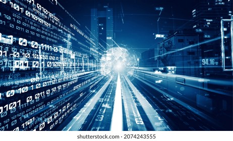 Digital data flow on road in concept of cyber global communication and coding with graphic creating vision of fast speed transfer to show agile digital transformation , disruptive innovation .