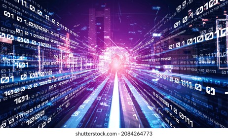 Digital data flow on road in concept of cyber global communication and coding with graphic creating vision of fast speed transfer to show agile digital transformation , disruptive innovation .