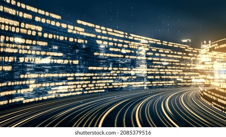 Digital data flow on road in concept of cyber global communication and coding with graphic creating vision of fast speed transfer to show agile digital transformation , disruptive innovation .