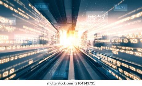 Digital data flow on road in concept of cyber global communication and coding with graphic creating vision of fast speed transfer to show agile digital transformation , disruptive innovation .