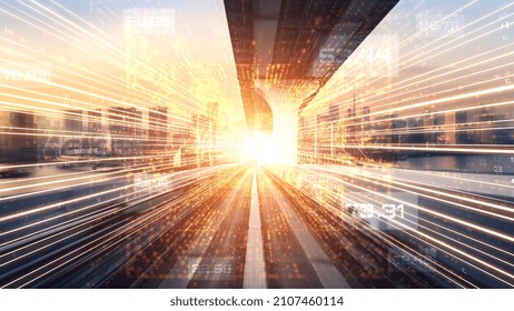 Digital data flow on road in concept of cyber global communication and coding with graphic creating vision of fast speed transfer to show agile digital transformation , disruptive innovation .