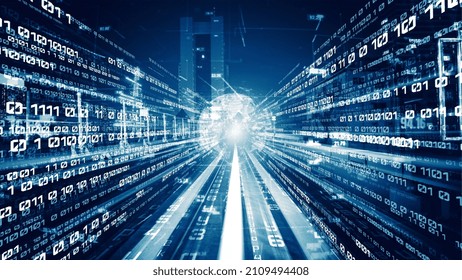 Digital data flow on road in concept of cyber global communication and coding with graphic creating vision of fast speed transfer to show agile digital transformation , disruptive innovation .