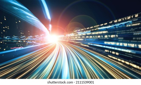 Digital data flow on road in concept of cyber global communication and coding with graphic creating vision of fast speed transfer to show agile digital transformation , disruptive innovation . - Shutterstock ID 2111539001