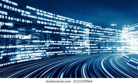 Digital data flow on road in concept of cyber global communication and coding with graphic creating vision of fast speed transfer to show agile digital transformation , disruptive innovation .