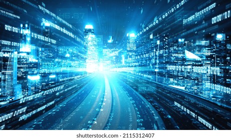 Digital data flow on road in concept of cyber global communication and coding with graphic creating vision of fast speed transfer to show agile digital transformation , disruptive innovation .