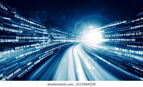 Digital data flow on road in concept of cyber global communication and coding with graphic creating vision of fast speed transfer to show agile digital transformation , disruptive innovation .