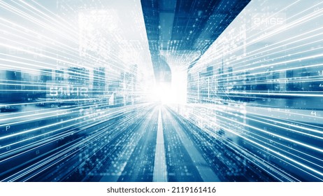 Digital data flow on road in concept of cyber global communication and coding with graphic creating vision of fast speed transfer to show agile digital transformation , disruptive innovation .