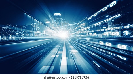 Digital data flow on road in concept of cyber global communication and coding with graphic creating vision of fast speed transfer to show agile digital transformation , disruptive innovation .