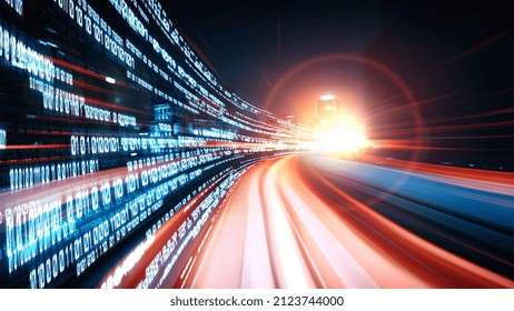 Digital data flow on road in concept of cyber global communication and coding with graphic creating vision of fast speed transfer to show agile digital transformation , disruptive innovation .