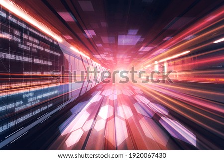 Digital data flow on road with motion blur to create vision of fast speed transfer . Concept of future digital transformation , disruptive innovation and agile business methodology .