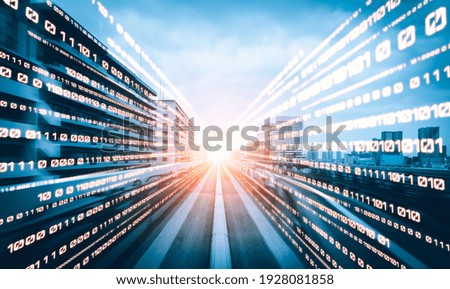 Digital data flow on road with motion blur to create vision of fast speed transfer . Concept of future digital transformation , disruptive innovation and agile business methodology .