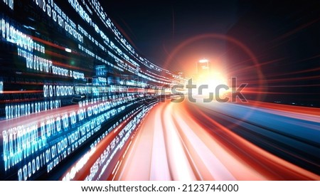 Digital data flow on road in concept of cyber global communication and coding with graphic creating vision of fast speed transfer to show agile digital transformation , disruptive innovation .