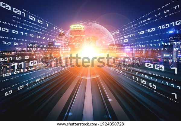 Digital data\
flow on road with motion blur to create vision of fast speed\
transfer . Concept of future digital transformation , disruptive\
innovation and agile business methodology\
.