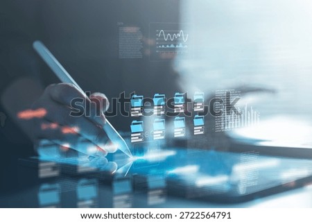 Digital data flow visualization on tablet, showing cloud analytics, database integration, and real-time information processing to support business intelligence, innovation, and cloud computing.