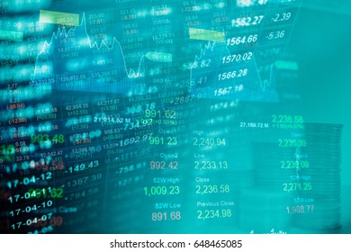 Digital data indicator analysis on financial market trade chart on LED. Concept Stock data trade. Double exposure style