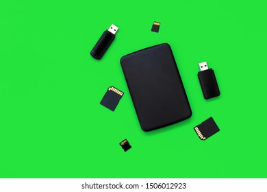 Digital data memory concept, usb flash drive, memory cards, portable hdd