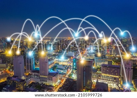 digital data network connection over smart city and communication network over skyline in business zone downtown to metaverse future worldwide technology