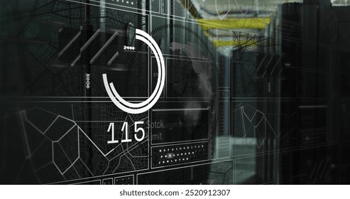 Digital data processing and analytics over server room with world map and graphs. Big data, network, technology, visualization, cyber, security