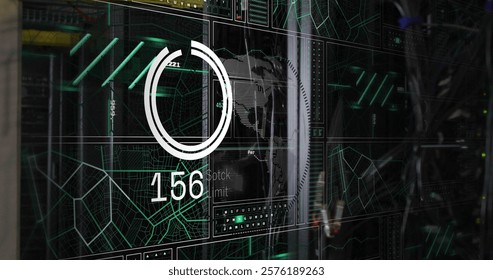 Digital data processing image over futuristic interface with world map and graphs. Technology, analytics, visualization, information, cyber, global