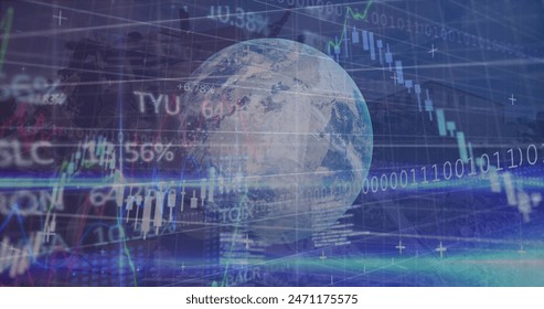 Digital data and stock numbers encircle a globe, symbolizing global finance. Transparent graphs and percentages overlaying Earth highlight economic connectivity - Powered by Shutterstock